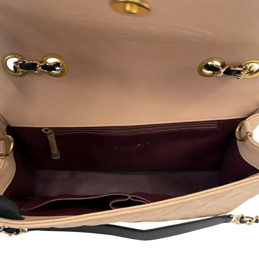 CHANEL Beige Black Caviar Medium CC Filigree Flap Bag